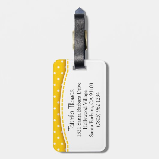 ラゲッジタグという，明るい黄色の花水玉模様 ラゲッジタグ (裏面縦)