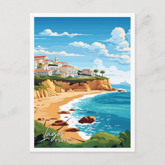 ラゴスポルトガルアートヴィンテージ旅行イラストレーション ポストカード (正面)