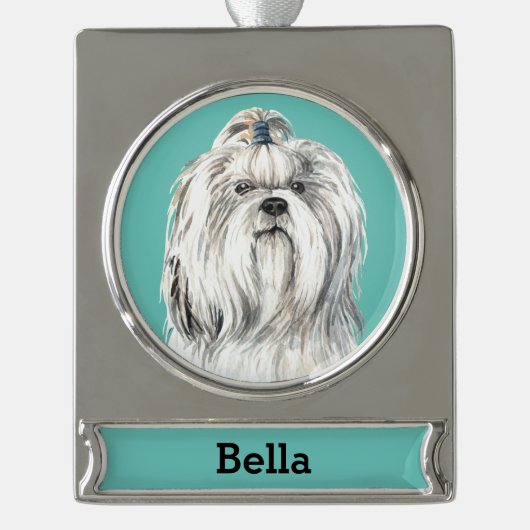 ラサアプソの犬の肖像 パーソナライズド シルバープレートバナーオーナメント (正面)