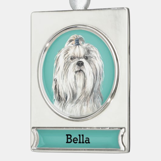 ラサアプソの犬の肖像 パーソナライズド シルバープレートバナーオーナメント (左)