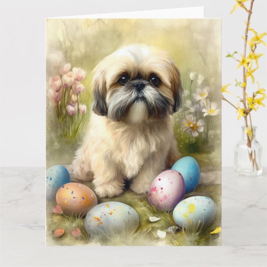 ラサアプソドッグイースターエッグホリデー カード (黄色い花)