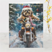 ラサアプソドッグオートバイクリスマスに乗る カード (黄色い花)