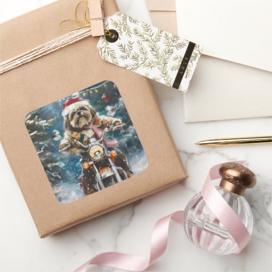 ラサアプソドッグオートバイクリスマスに乗る スクエアシール (ギフト)