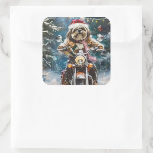 ラサアプソドッグオートバイクリスマスに乗る スクエアシール (バッグ)