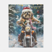 ラサアプソドッグオートバイクリスマスに乗る フリースブランケット (正面)
