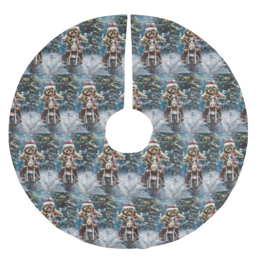 ラサアプソドッグオートバイクリスマスに乗る ブラッシュドポリエステルツリースカート (正面)