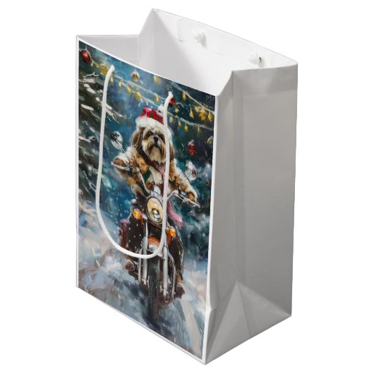 ラサアプソドッグオートバイクリスマスに乗る ミディアムペーパーバッグ (正面アングル)