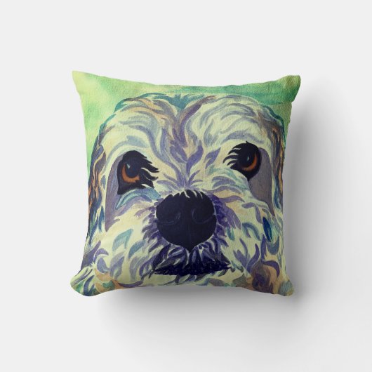 ラサアプソドッグ付き水彩枕 クッション (正面)