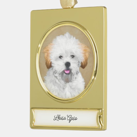 ラサアプソパピー絵画ズ – かわいいオリジナルドッグアート ゴールドプレートバナーオーナメント (左)