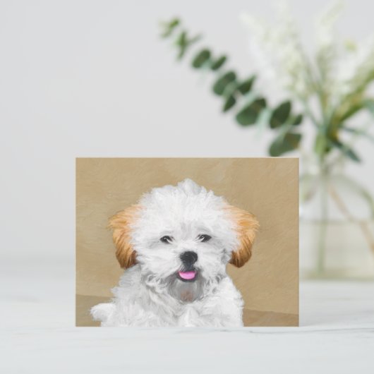 ラサアプソパピー絵画ズ – かわいいオリジナルドッグアート ポストカード (スタンド正面)