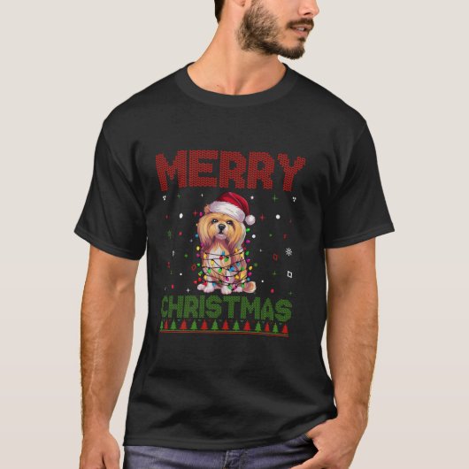 ラサアプソ愛犬家サンタハットアおもしろいグリークリステム Tシャツ (正面)