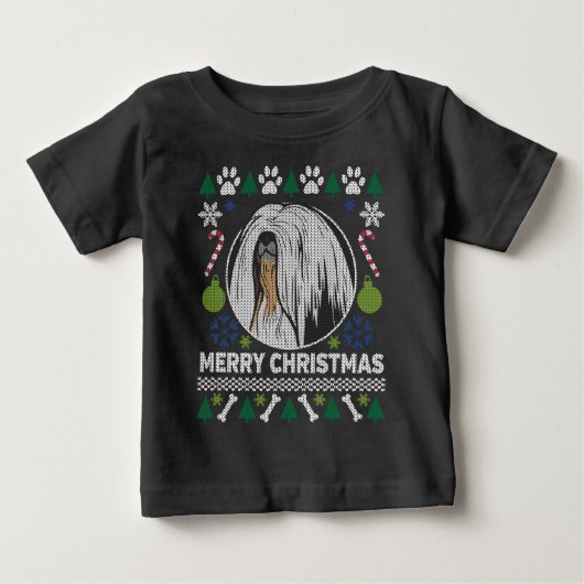 ラサアプソ犬が醜いクリスマスセーターを育てる ベビーTシャツ (正面)