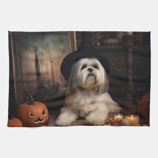 ラサ・アプソのかぼちゃ ハロウィーンのおばけ キッチンタオル (横)