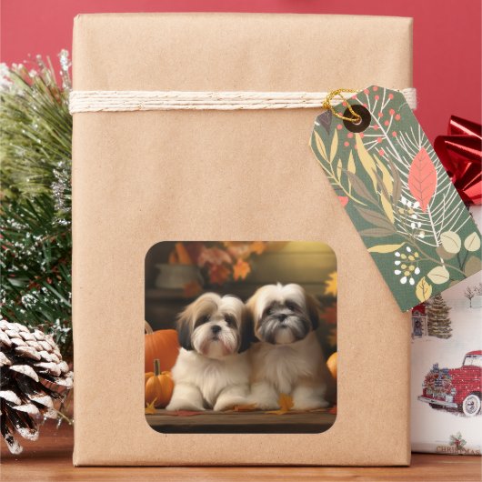 ラサ・アプソの子犬の秋の喜びパンプキン スクエアシール (クリスマス)