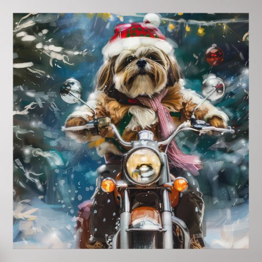 ラサ・アプソの犬がバイクに乗るクリスマス ポスター (正面)