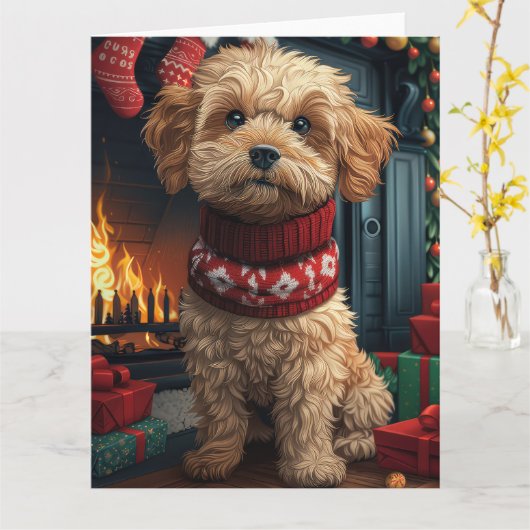 ラサ・アプソの犬とクリスマスプレゼントの暖炉 カード (黄色い花)