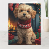 ラサ・アプソの犬とクリスマスプレゼントの暖炉 カード (正面)