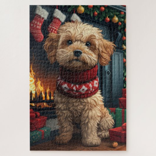 ラサ・アプソの犬とクリスマスプレゼントの暖炉 ジグソーパズル (縦)