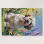 ラサ・アプソの犬と春の花の絵画 ジグソーパズル (横)