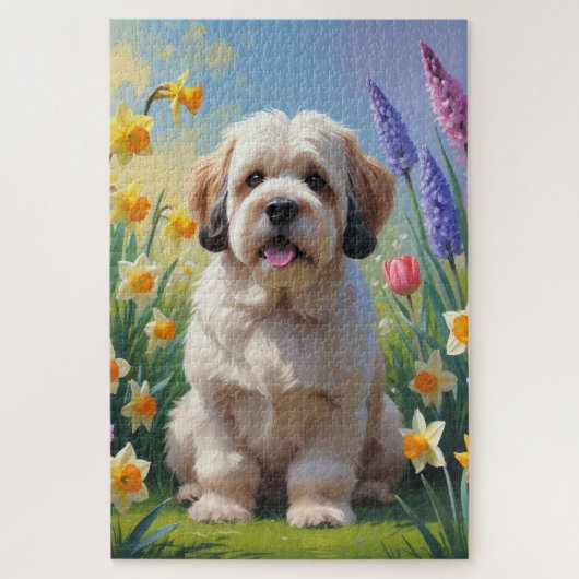 ラサ・アプソの犬と春の花の絵画 ジグソーパズル (縦)