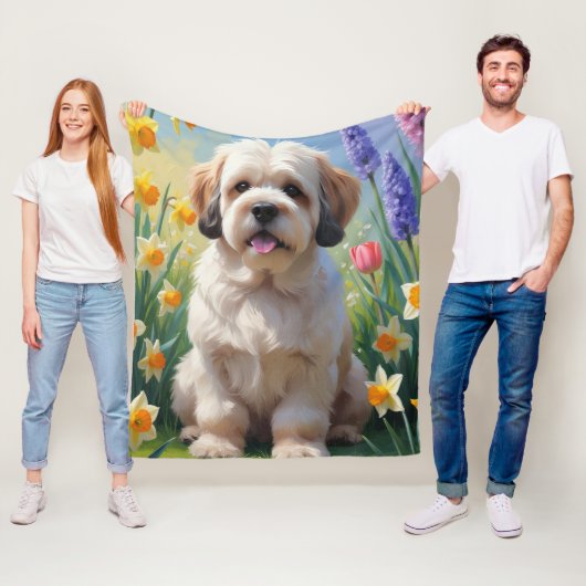 ラサ・アプソの犬と春の花の絵画 フリースブランケット (インサイチュ)