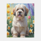 ラサ・アプソの犬と春の花の絵画 フリースブランケット (正面)