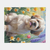 ラサ・アプソの犬と春の花の絵画 フリースブランケット (正面(横))