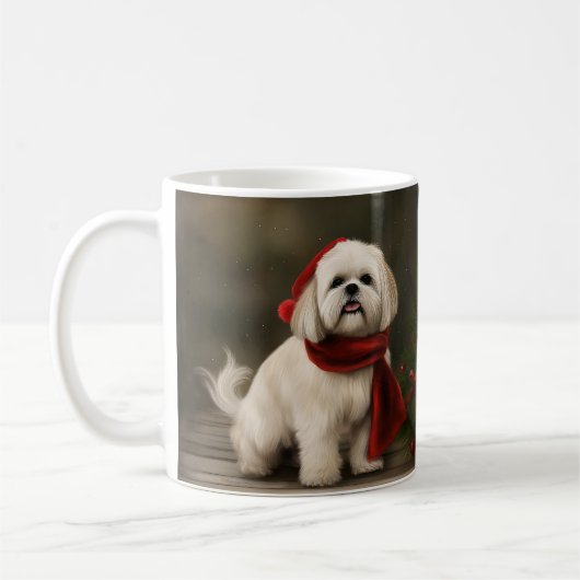 ラサ・アプソの犬と雪のクリスマス コーヒーマグカップ (左)