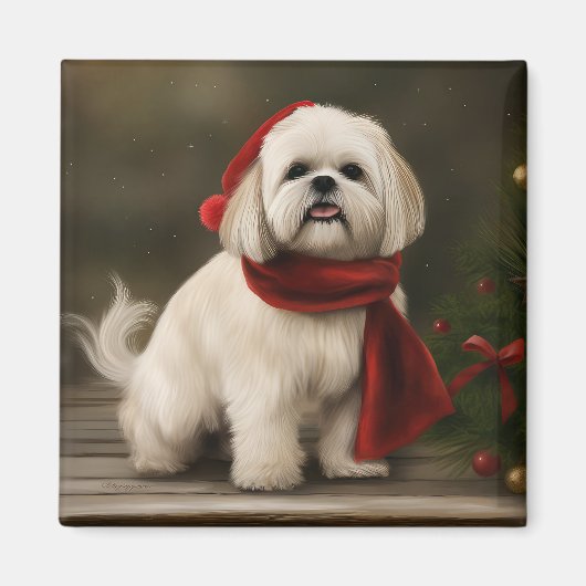 ラサ・アプソの犬の雪のクリスマス マグネット (正面)