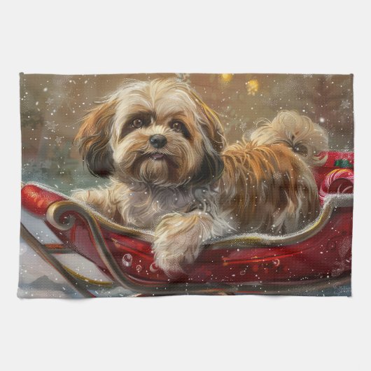 ラサ・アプソ犬のクリスマスパーティー キッチンタオル (横)