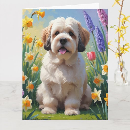 ラサ・アプソ犬 春の花の絵 カード (黄色い花)