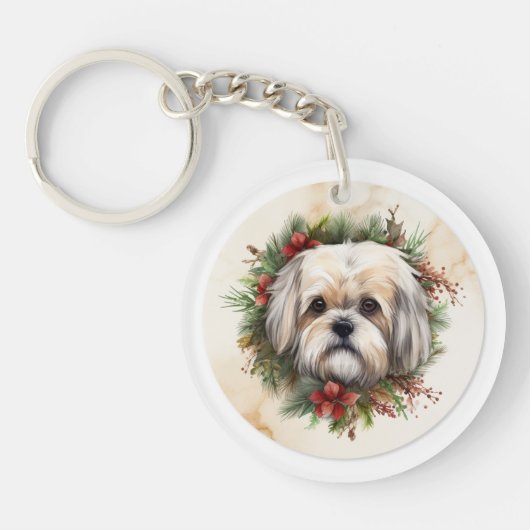 ラサ・アプソ クリスマスリース クリスマスの愛犬 キーホルダー (正面)