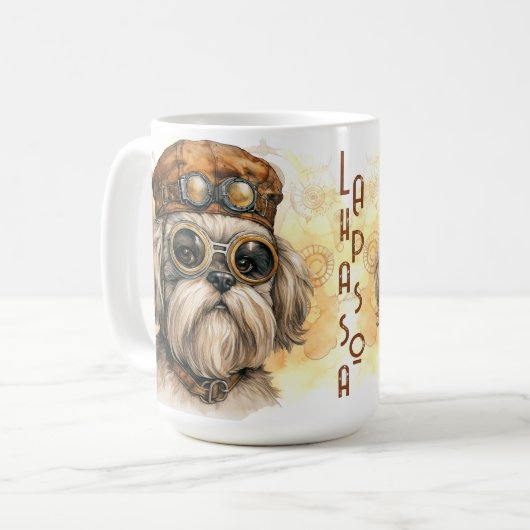 ラサ・アプソ スチームパンク 犬 コーヒーマグカップ (正面左)
