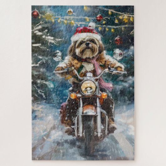 ラサ・アプソ 犬 オートバイ クリスマス ジグソーパズル (縦)