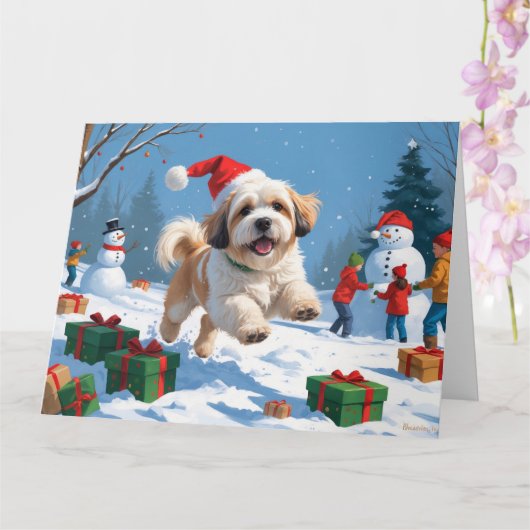 ラサ・アポ走スのクリスマス帽子と雪の カード (蘭)