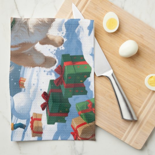 ラサ・アポ走スのクリスマス帽子と雪の キッチンタオル (四つ折り)