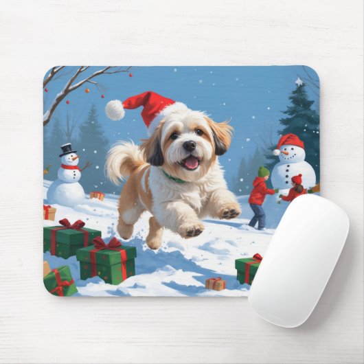 ラサ・アポ走スのクリスマス帽子と雪の マウスパッド (マウス)