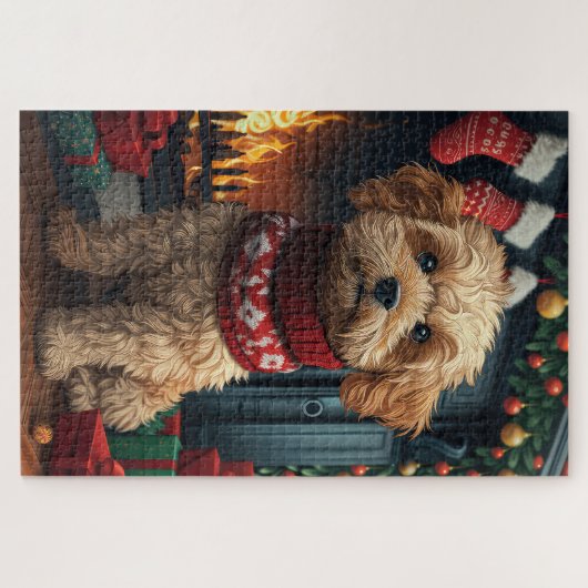 ラサApso犬とクリスマスプレゼント暖炉 ジグソーパズル (横)