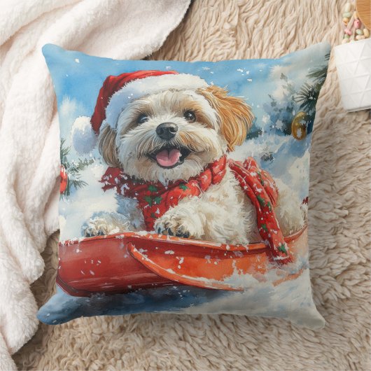 ラサApso Dogそりで雪のクリスマスを許可 クッション (ブランケット)