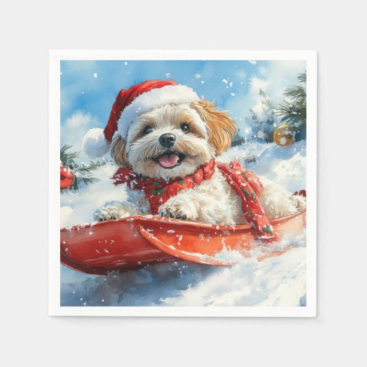 ラサApso Dogそりで雪のクリスマスを許可 スタンダードカクテルナプキン (正面)
