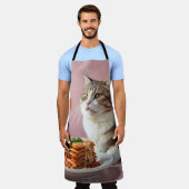 ラザニアとワイングラスがかわいいグレー猫 エプロン (着用した状態)