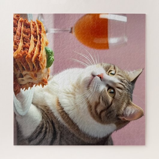 ラザニアとワイングラスがかわいいグレー猫 ジグソーパズル (横)