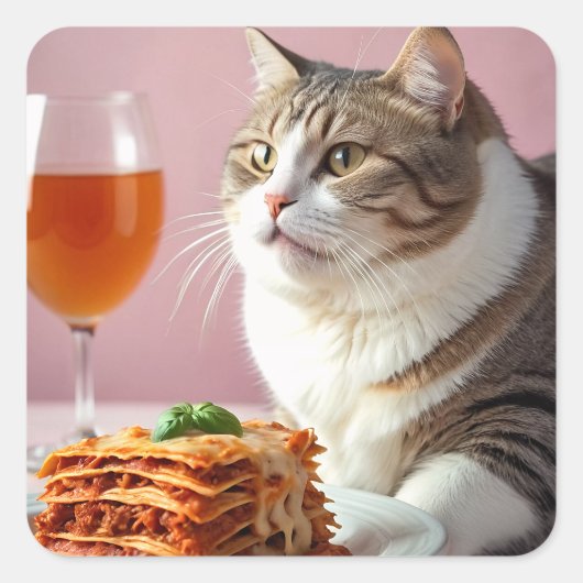 ラザニアとワイングラスがかわいいグレー猫 スクエアシール (正面)