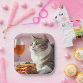 ラザニアとワイングラスがかわいいグレー猫 ペーパープレート (パーティー)