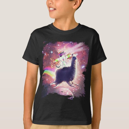 ラザーラヴ宇宙キャットラマにピザで乗る Tシャツ (正面)