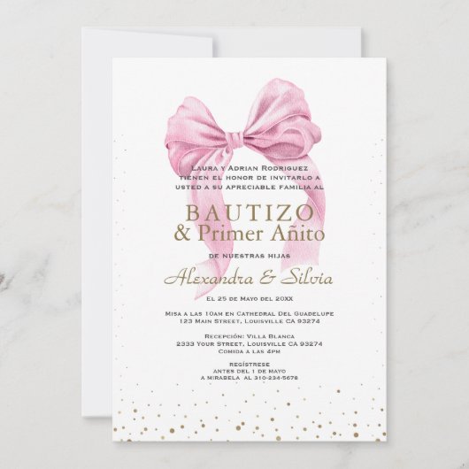 ラザ ロサ 双子 娘 1歳 誕生日 洗礼 招待状 (正面)