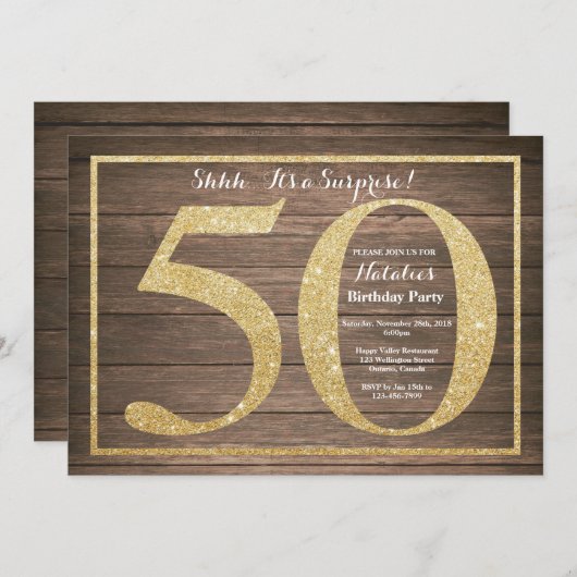 ラシックサプライズ50th誕生日招待状金ゴールド 招待状 (正面/裏面)