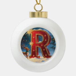 ラジアルクリスマスツリーのトナカイ　イニシャルR セラミックボールオーナメント