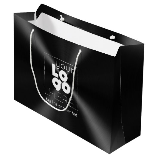 ラジアルブラシ付きモダンブラックメタルの白いロゴ ラージペーパーバッグ (正面アングル)