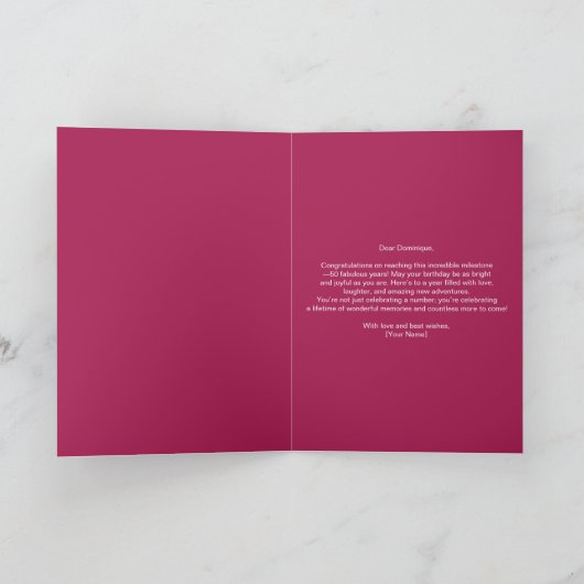 ラジアントシックバラ金ゴールドとピンクネオン50誕生日 カード (内部)